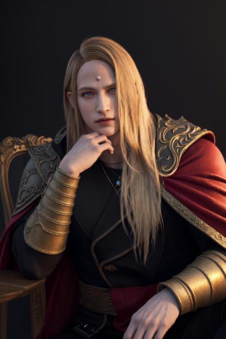 15544-465622505-masterpiece, best quality, highres, 1boy zenos, red cape shoulder armor black coat  sitting on chair, hand on own chin, (photore.png